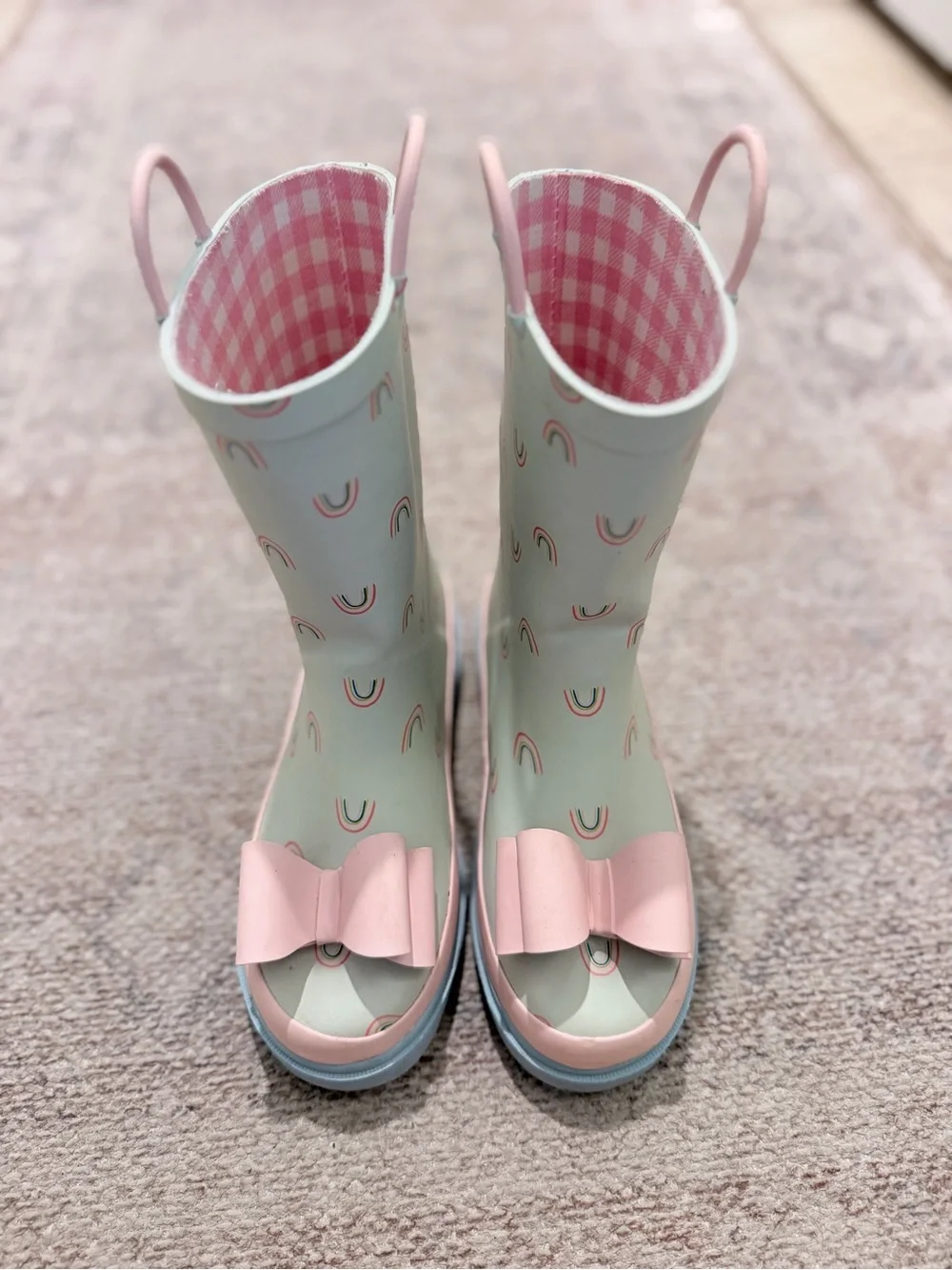 Sweet Honey Rain Boots Over the Rainbow Mint Green Pink Bow Toddler Size 2